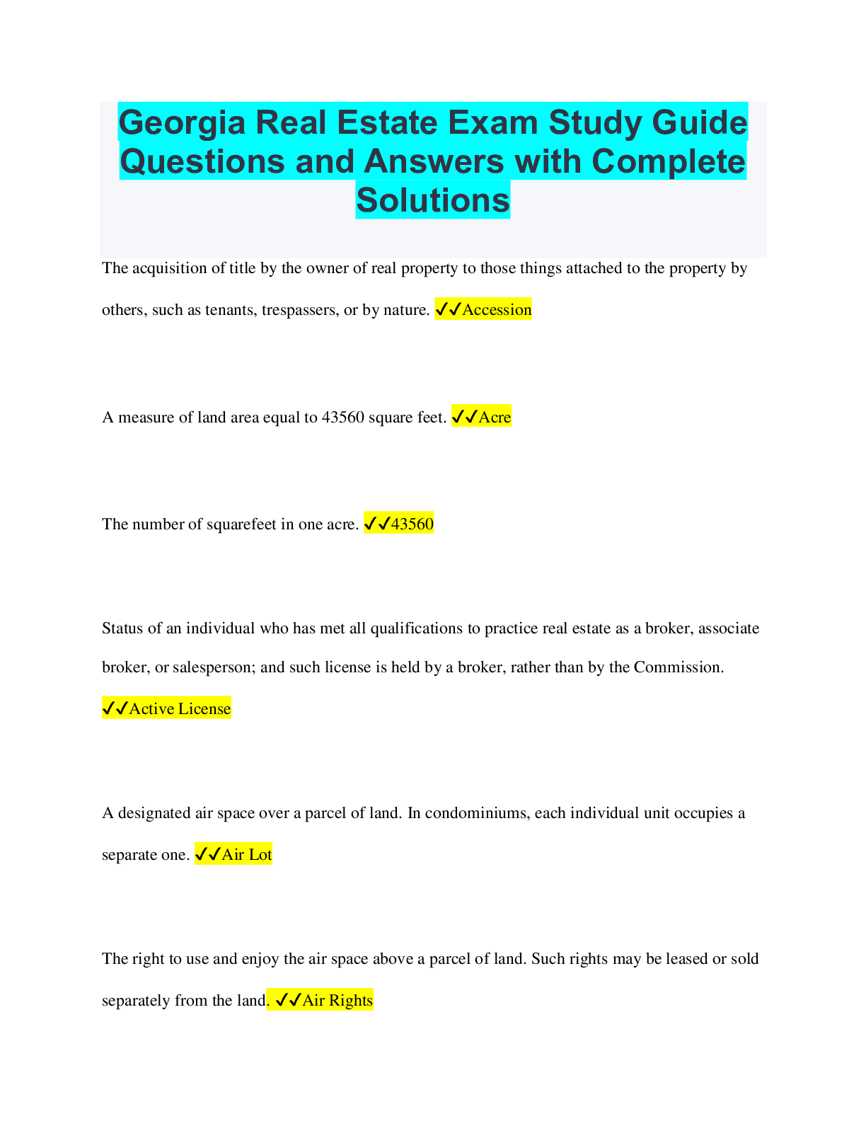 Real Estate Exam Study Guide Questions and Answers with